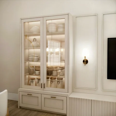 Visualização de cristaleira com portas de vidro e gabinete ripado em uma sala.