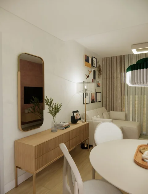 Visualização de sala de jantar com aparador amadeirado, espelho e mesa redonda.